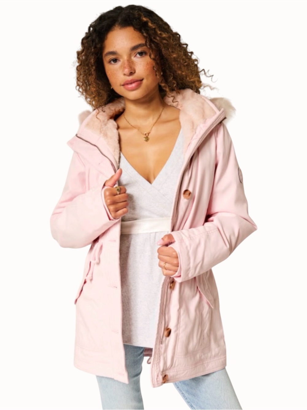 Hollister Heritage Womens Pink Faux Fur Lined Hooded Parka Sherpa Jacket Coat XS